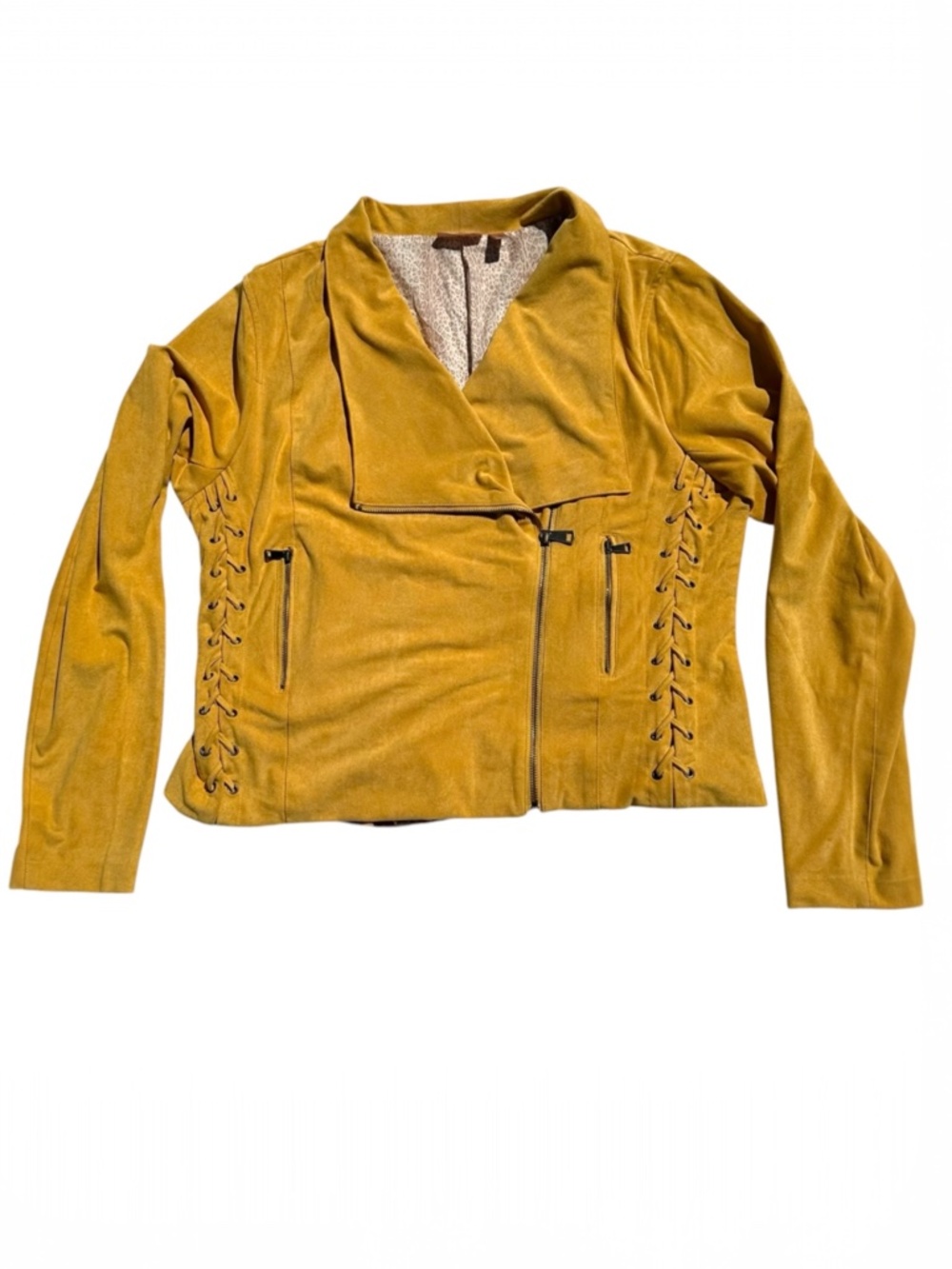 Willow + Root Faux Suede Moto Jacket Mustard Yellow XL Lace Up Side Leopard